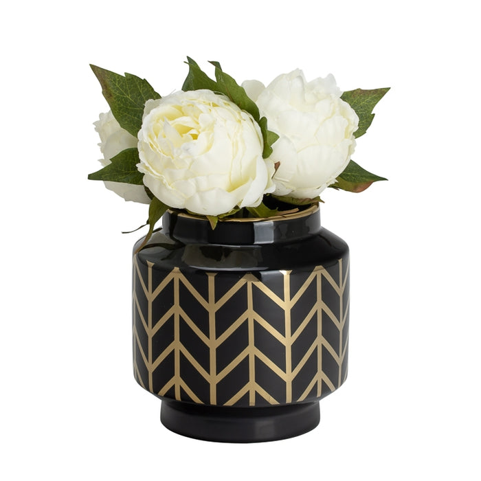 Black ceramic vase with golden chevron 6.5'' H