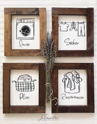 Set of 4 recycled wood frames "Wash Dry Fold" theme