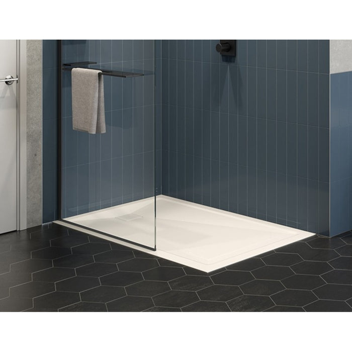 Shower base with concealed threshold LVL with concealed off-center drain