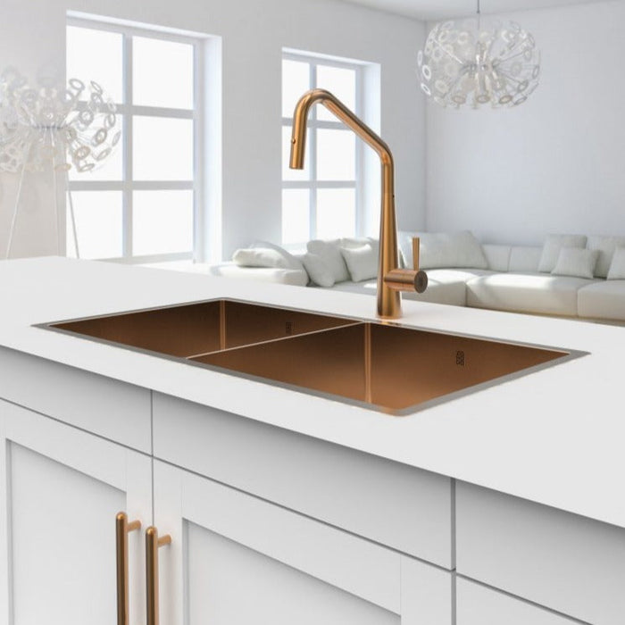 Duo évier double PearlArc bronze et robinet de cuisine Orizuro