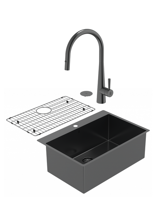 Duo évier simple PearlArc noir et robinet de cuisine Cignus