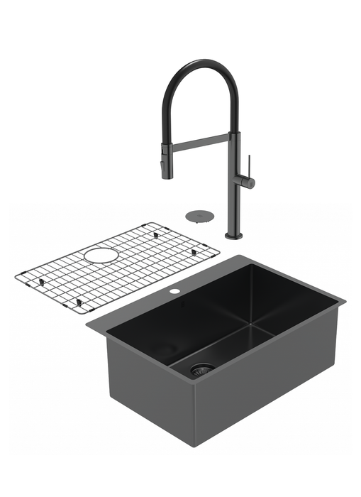 Duo évier simple PearlArc noir et robinet de cuisine Crystal