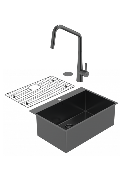 Duo évier simple PearlArc noir et robinet de cuisine Orizuro