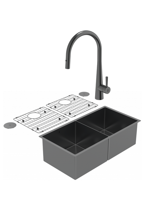 Duo évier double PearlArc noir et robinet de cuisine Cignus