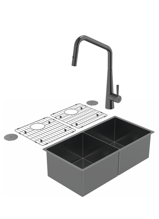 Duo évier double PearlArc noir et robinet de cuisine Orizuro