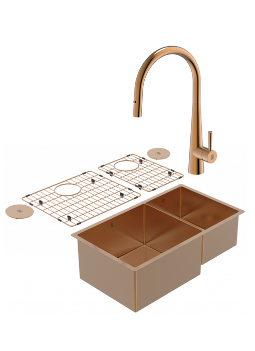 Duo évier double PearlArc bronze et robinet de cuisine Cignus