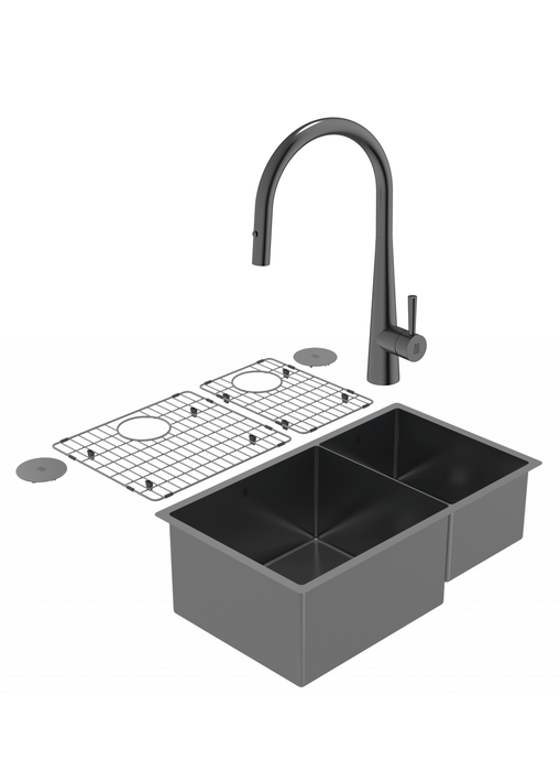 Duo évier double PearlArc noir et robinet de cuisine Cignus