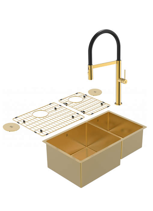 Duo évier double PearlArc or et robinet de cuisine Crystal