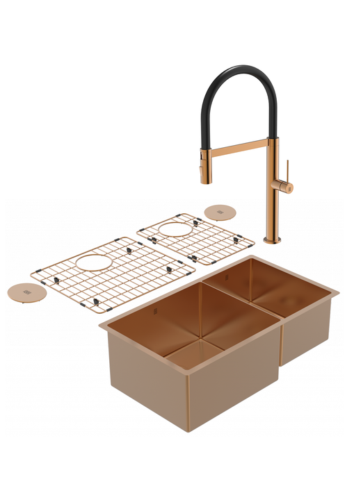 Duo évier double PearlArc bronze et robinet de cuisine Crystal