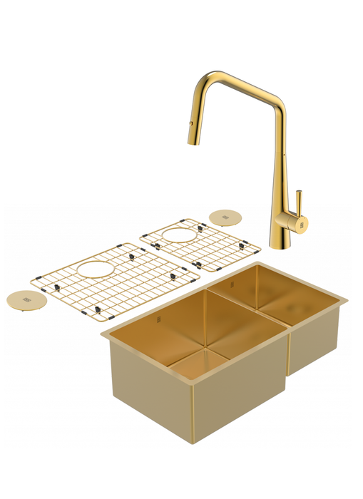 Duo évier double PearlArc or et robinet de cuisine Orizuro