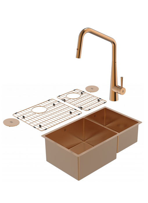 Duo évier double PearlArc bronze et robinet de cuisine Orizuro
