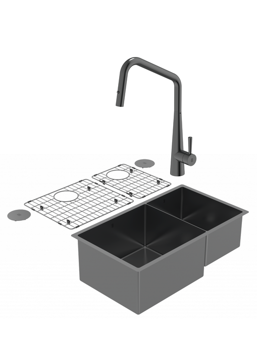 Duo évier double PearlArc noir et robinet de cuisine Orizuro