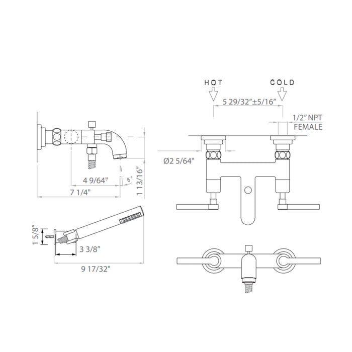 Robinet de bain mural avec douchette Collection LOMBARDIA