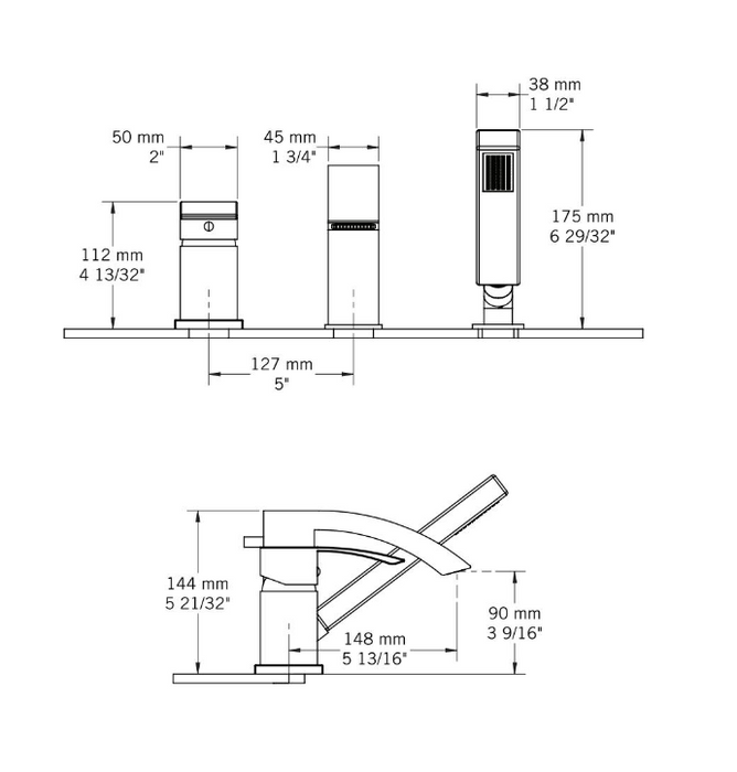 Robinet de bain 3 morceaux avec douchette Collection Fall
