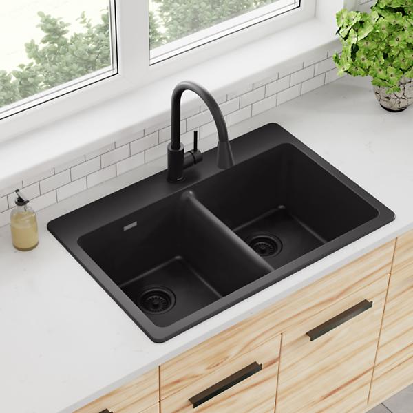 Black Quartz Countertop Double kitchen sink